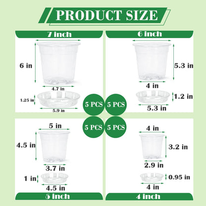 4/5/6/7 Inch Clear Nursery Pots with Saucers, 20 Pack Multiple Sizes Plastic Seedling Pots with Drainage Holes, Reusable Transparent Planters for Succulents, Cuttings, Indoor Outdoor Gardening