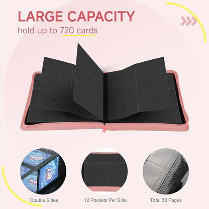 Trading Card Binder with Zip,12 Pockets Card Binder,720 Double Sided Pocket Card Collection Binder,Card Album Card Folder for MTG,TCG,Sports Cards,Game Cards,Pink