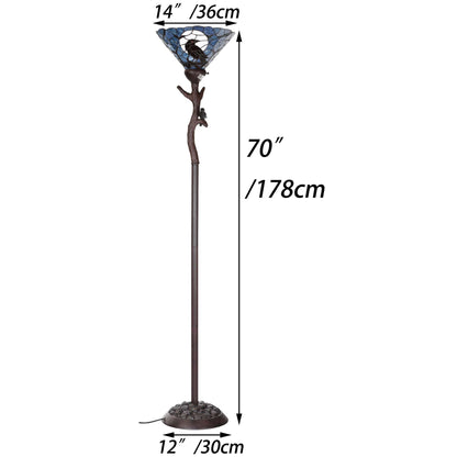 Bieye L10959 Raven Sitting on Bare Tree Branch in Full Moon Night Tiffany Style Stained Glass Torchiere Floor Lamp for Halloween Decor (Dark Blue)