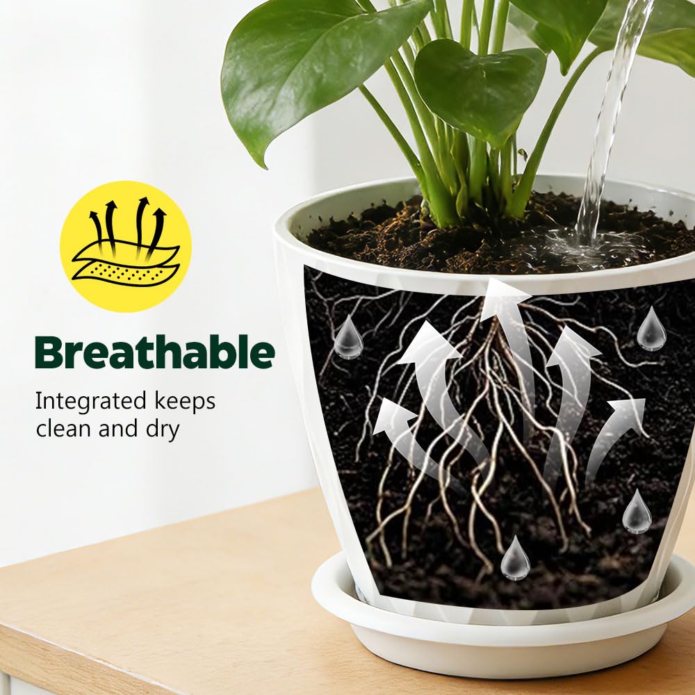 KEETUMOOD Plant Pots, Self Watering Planters with Drainage Holes and Trays, Flower Pots for Indoor Outdoor - 6 Pack(4/5/6/6.5/7/8 Inch) (White)