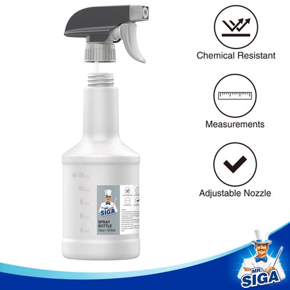 MR.SIGA 16 oz Empty Plastic Spray Bottles for Cleaning Solutions, Heavy Duty Household Reusable Spray Bottles with Measurements and Adjustable Leak Proof Nozzle, 3 Pack