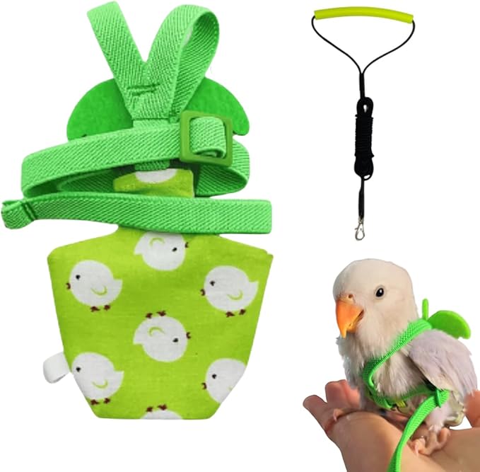 Adjustable Bird Diaper Harness Flight Suit Clothes with 80 Inch Flying Leash Rope for Parrots Conure Cockatiel (Green,2M)