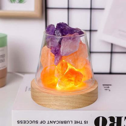Runyangshi Healing Crystal Night Light Natural Himalayan Salt & Amethyst Raw Stones Aroma Diffuser USB Powered 3 Colour Adjustable Bedside Lamp for Bedroom Living Room Yoga Meditation Home Decor Gift