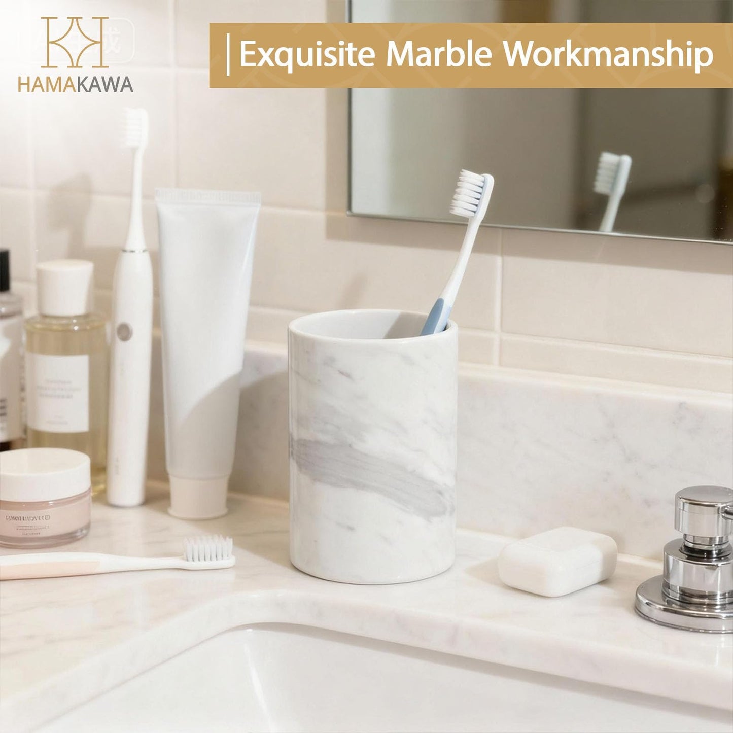 HAMAKAWA Natural Marble Toothbrush Holder, Volakas White Toothbrush Tube for Bathroom, Makeup Shelf, Counter, Bedroom and Dresser