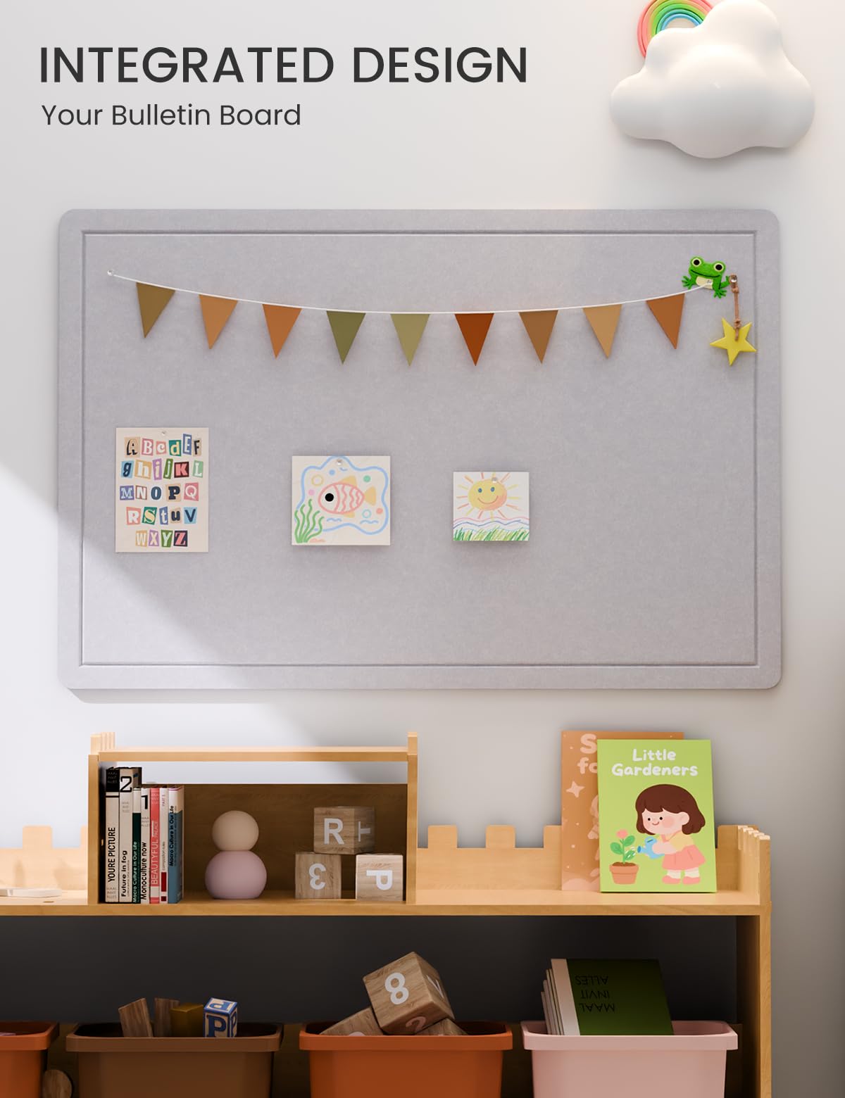 Fluxynara Bulletin Board,35.4" x 23.6" Cork Board Alternative with 12 Safe Removable Adhesive Tabs, Foldable Felt Pin Board for Home Office, Classroom, Bedroom,Entryway for Walls—Soft Gray