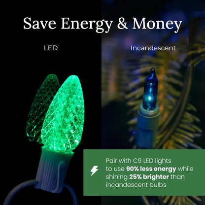 Christmas Designers Pro C9 Light Cord - 100 ft, 133 Bulb Sockets, 9in Spacing, Green Wire, Outdoor Holiday Decor