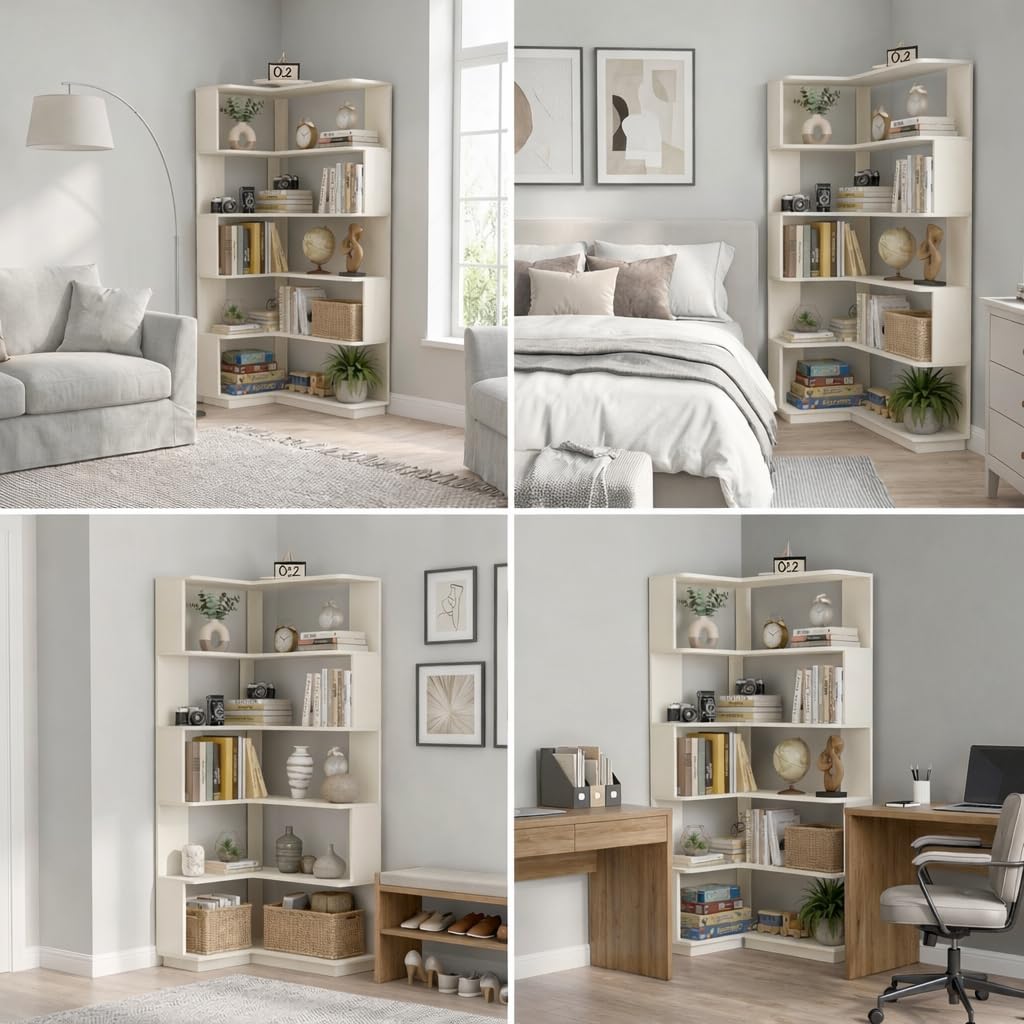 Arvolia 6 Tier Corner Bookshelf, Freestanding L-Shaped Wooden Bookcase with Open Shelves, Anti-Fall Panels and Anti-Tipping Device for Living Room, Home Office (White with Right Extension)