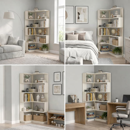 Arvolia 6 Tier Corner Bookshelf, Freestanding L-Shaped Wooden Bookcase with Open Shelves, Anti-Fall Panels and Anti-Tipping Device for Living Room, Home Office (White with Right Extension)