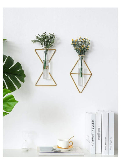 Nordic Wall Vase,Gold Geometric Vase Hanging Hydroponic Planter,Wall-Mounted Metal Glass Tube Bud Vase Decorative for Centerpieces Wedding Home Decor(Gold 4)