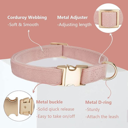 Soft Corduroy Dog Collar and Leash Set Adjustable Durable Dog Collars with Metal Buckle and Lead for Female Small Dogs,Baby Pink