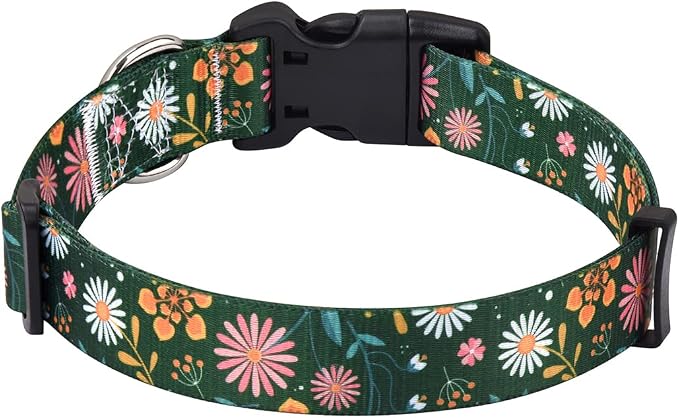 Mihqy Dog Collar with Bohemia Floral Tribal Geometric Patterns - Soft Ethnic Style Collar Adjustable for Small Medium Large Dogs(Dark Green Flower,M)