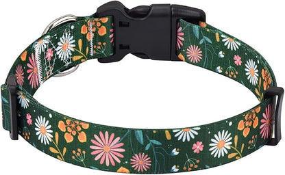 Mihqy Dog Collar with Bohemia Floral Tribal Geometric Patterns - Soft Ethnic Style Collar Adjustable for Small Medium Large Dogs(Dark Green Flower,L)