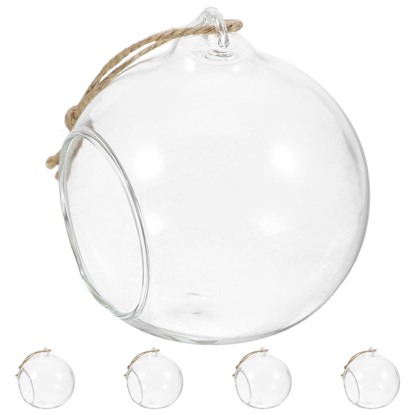 VICASKY 5pcs Hanging Glass Tealight Holders Sphere Ball Candle Holders with 8cm Opening and 1.2m Jute Rope for Indoor Home Décor and Plant Terrariums