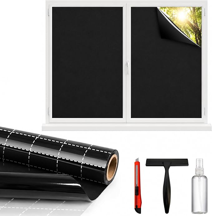 Blackout Window Privacy Film, Removable Window Cover Static Cling, Darkening Light Heat Blocking, Window Tint for Home Garage Bedroom Day Sleep, Black 17.5 Inch * 157.4 Inch
