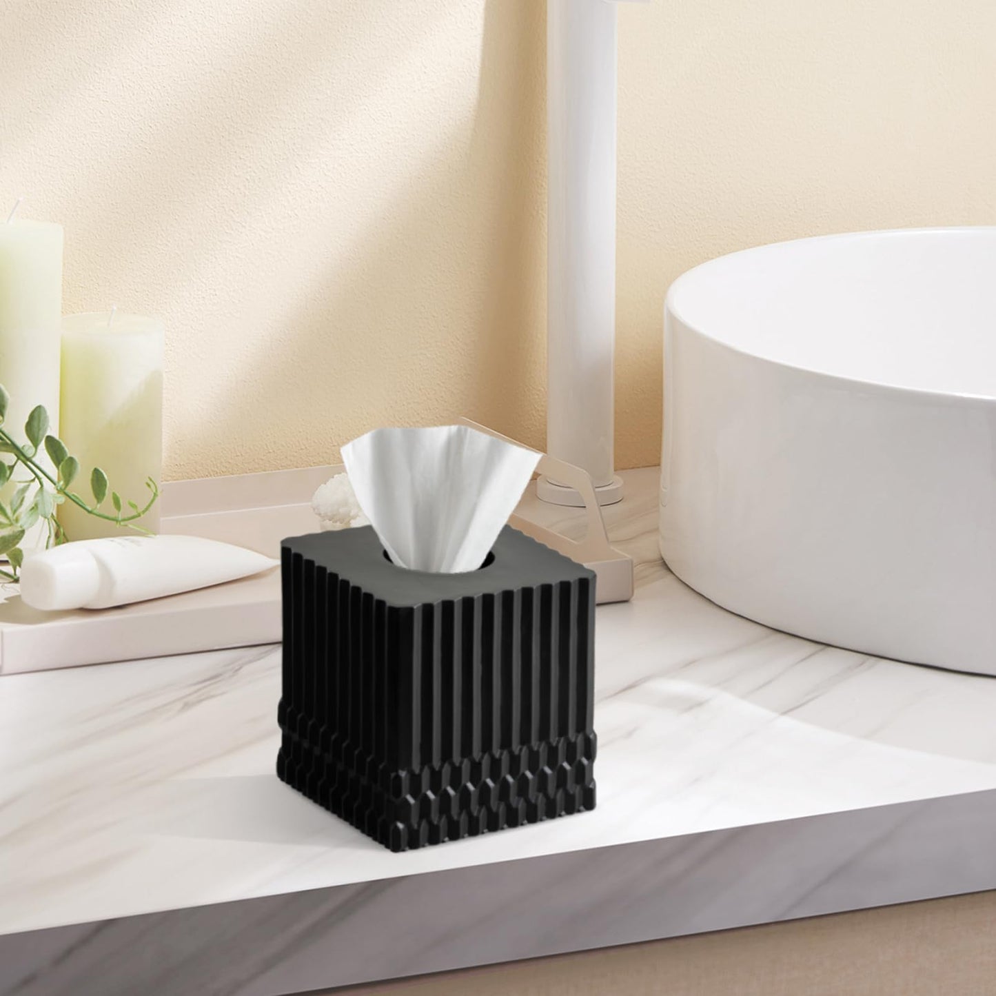 Black Tissue Box Cover Square, Tissue Box Holder for Bathroom Countertop,Vanity, Tabletop, Bedroom Night Stand,Office and Living Room Decorative - Modern Geometric Striped Tissue Paper Dispenser