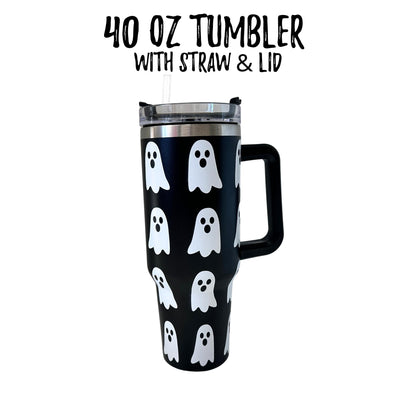 Lashicorn Ghost Boo 40 oz. Tumbler with Handle Black and White Halloween Modern Fall Cup with Lid and Straw Wrap Simply