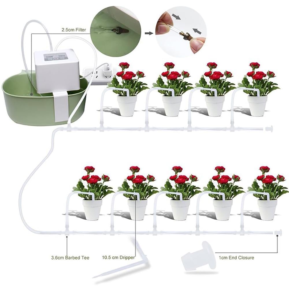 TopHomer Automatic Irrigation System Indoor Plants Automatic Watering System LCD Display Auto Water Timer Supported 10-15 Pots for Pot Plants, Hanging Basket, Flower Beds