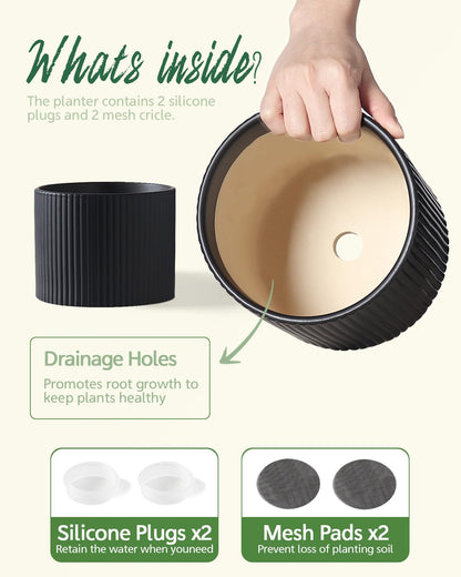 Swkien Matte Black Ceramic Plant Pots, 8.1 + 6 Inch Planters for Indoor Plants, Modern Flower Pots with Drainage, Two-Sizes Set