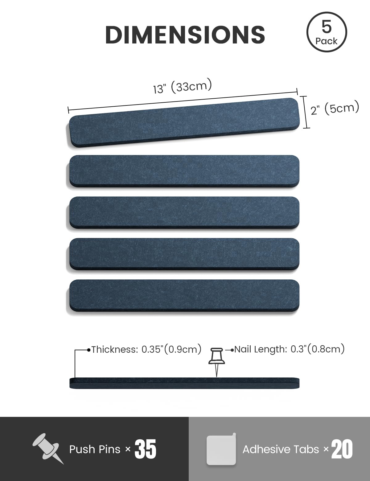 Fluxynara Cork Board Alternative Felt Strip Board 5-Pack 13"x2", Office Pin Board with 35 Push Pins, Adhesive Install for Bedroom Door & Home Office (Denim Blue)