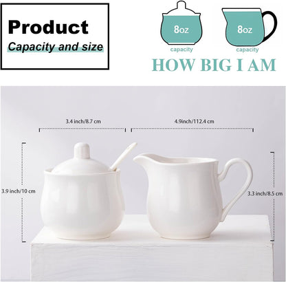 CHILDIKE Ceramic Sugar Bowl with Lid and Spoon, Ceramics Creamer with Handle, White 8 Ounces