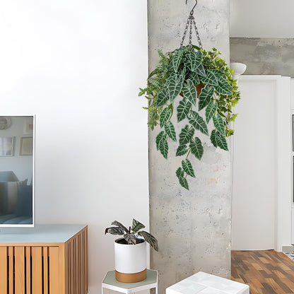 Fake Hanging Plant with Pot, Large Hanging Artificial Plants with Basket & Hanger Faux Greenery Plants Indoor Outdoor Decor Fake Alocasia Longiloba Plant in Pot for Wall Balcony Patio Office Bathroom