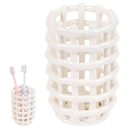 DODAMOUR Ceramic Toothbrush Holder, Boho Woven Grid Bathroom Cup, Breathable Openwork Makeup Brush Organizer, Modern Lattice Stand for Vanity Countertop, Toothpaste Storage - White