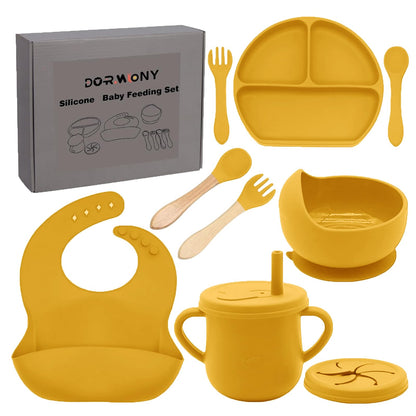Dormlony 100% Silicone baby feeding set,BPA free Baby dishes set with Suction Bowl Divided Plate,Toddler Self Feeding Dish Set with Spoons Forks Sippy Cup And Bib, Baby Eating Utensils (Pumpkin)