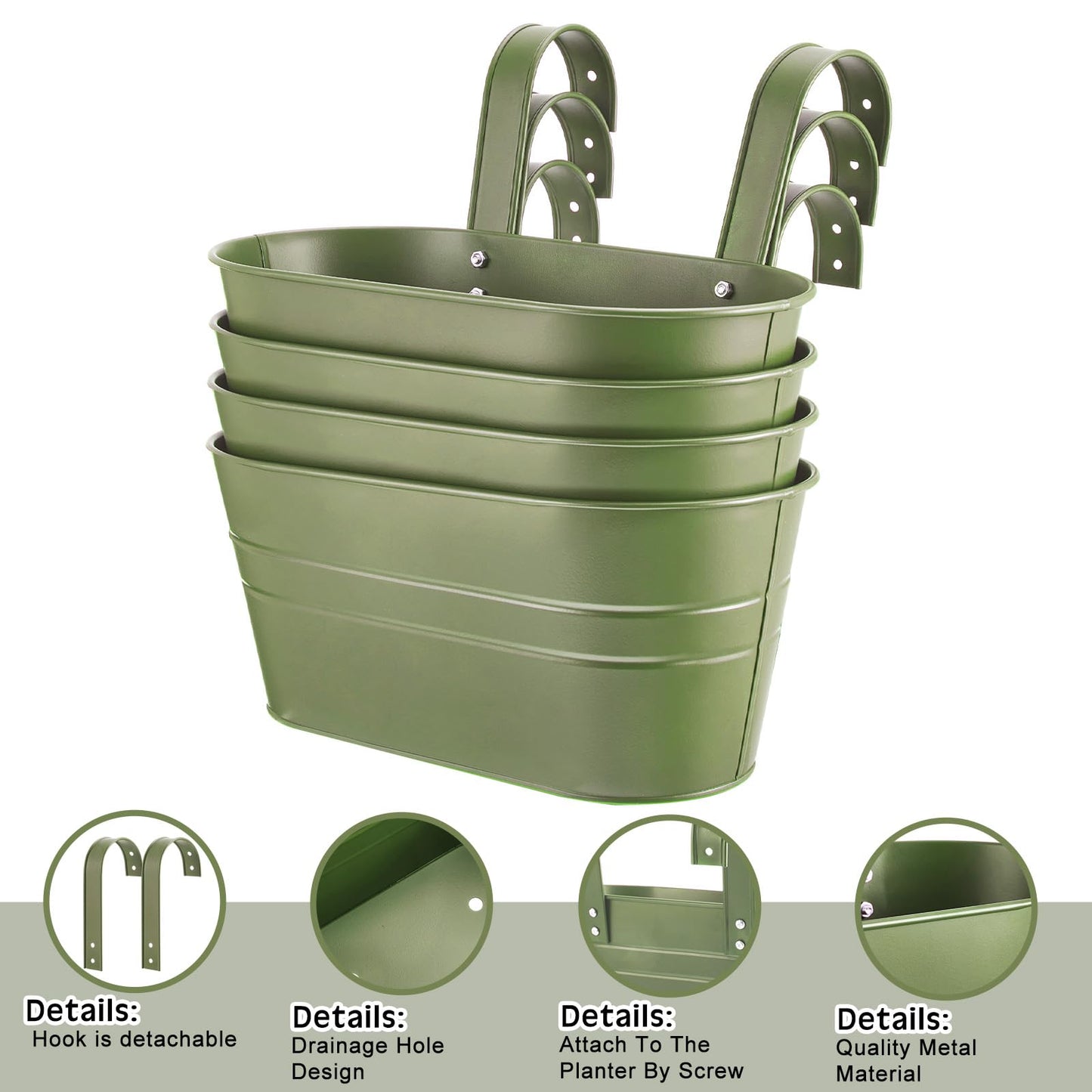 Hicarer Metal Hanging Flower Pots for Railing Fence, Large Hanging Rail Planters for Outdoor Window Balcony Plants Holder with Hooks for Garden Yard Home Decor(Green,4 Pcs)