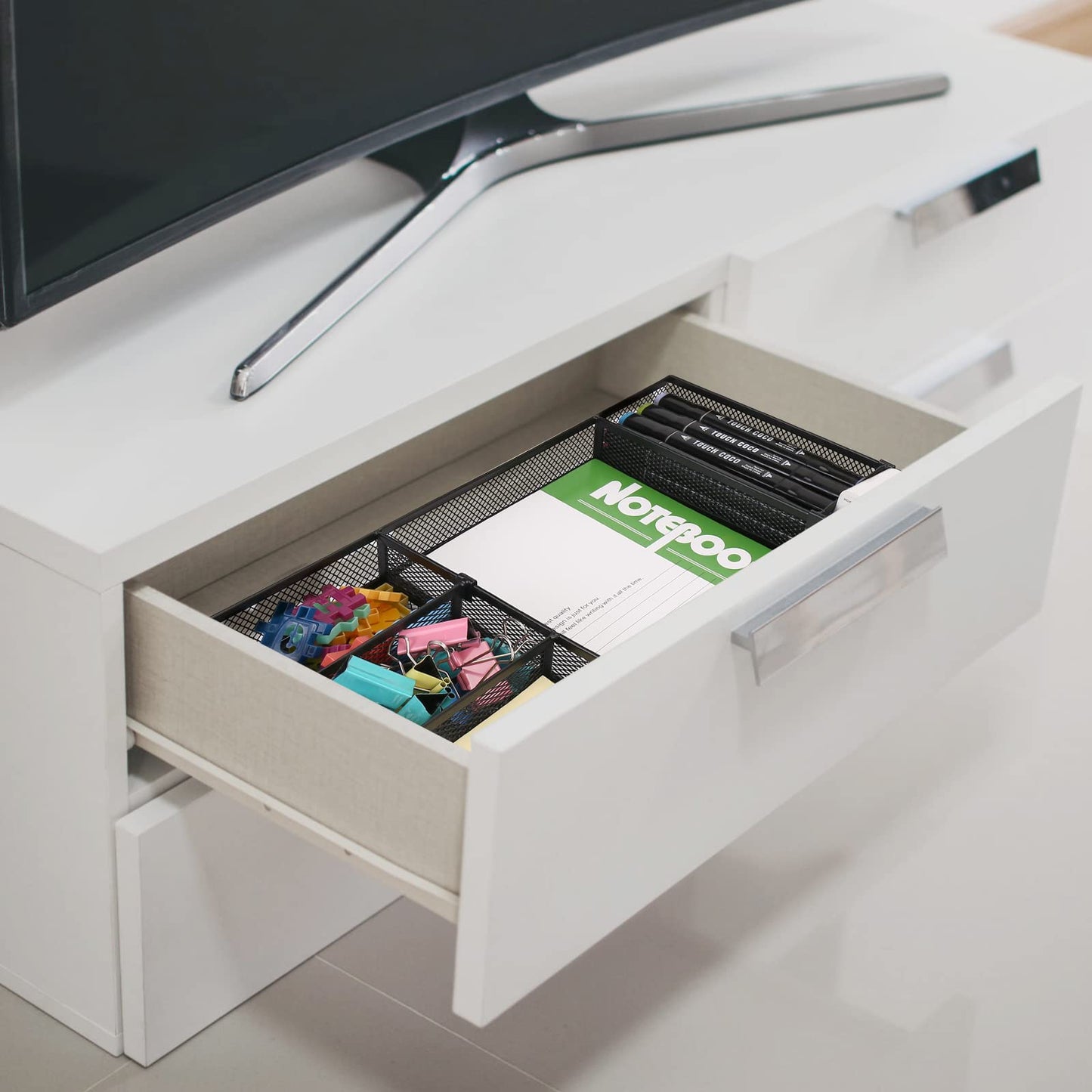 EsOfficce Desk Drawer Organizer Tray with Adjustable Compartments, 6 Grid Metal Mesh Drawer, Multi-use Desk Organizer Storage Box Set for Office,Home,School Supplies, 12.6X9X1.9 inch