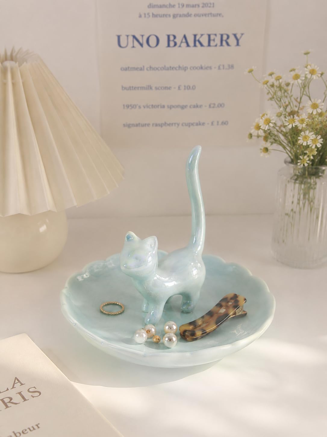 bwszrosa Cat Ring Holder Jewelry Dish–Ceramic Trinket Tray for Rings,Earrings,Necklaces & Bracelets,Cute Cat Jewelry Organizer for Vanity,Nightstand,Dresser,Birthday Gift for Women,Girls Cat Lovers