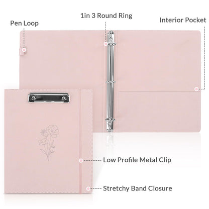 SKYDUE Pink 3 Ring Binder with Clipboard,1 Inch Linen Binder for 3 Hole Punch Letter Size Loose Leaf Paper with 5 Dividers, Pocket and Labels School and Office Supplies