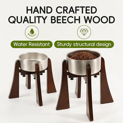 Elevated Bowl Stand 12-inch with Heavy Duty Beech Wood Made, Anti-Vomit Design for Medium Breed, Senior Dogs, Ergonomic Neck Protecting, Adjustable Diameter, Easy Clean Non Toxic