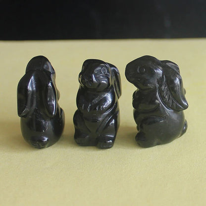 2pcs (Pair Mini Hand Carved Mixed Gemstone Crystal Rabbit Bunny Animal Figurine Animal Carving (Black Obsidian)