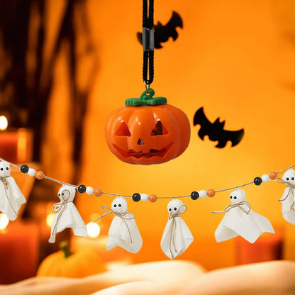 7Ft Halloween Banner Garland with Ghosts & Wooden Beads, Rustic Ghost Banner Hanging Ghost Garlands for Wall Home Indoor Outdoor Fall Decor Supplies(Black)