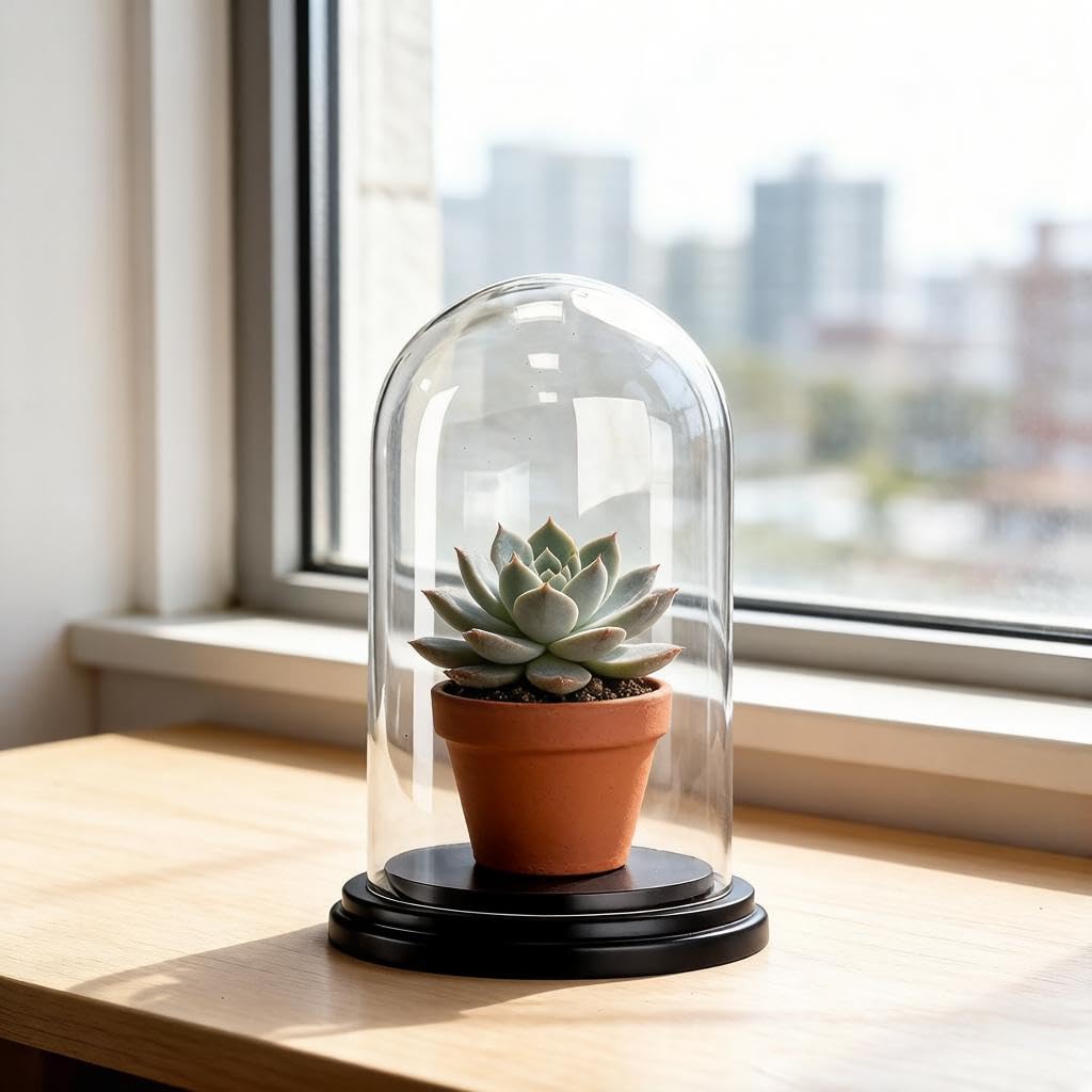 CYS EXCEL Glass Dome Cloche (H:9.25" D:5.5”) with Black Wood Base Decorative Showcase Display for Antique Collectible Bell Jar Terrarium Dessert Cover