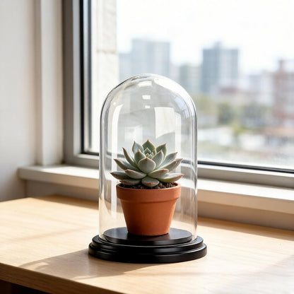 CYS EXCEL Glass Dome Cloche (H:9.25" D:5.5”) with Black Wood Base Decorative Showcase Display for Antique Collectible Bell Jar Terrarium Dessert Cover