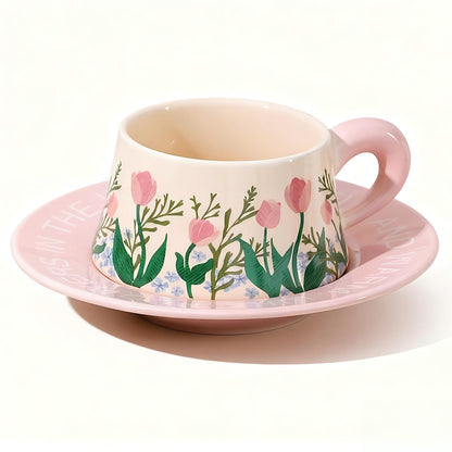EWCEFIC Cute Ceramic Coffee Mug and Saucer Set for Women, Spring Floral Embossed Design, 9.5oz/280ml, Perfect for Home, Office & Holiday Gifts (Pink Tulip)