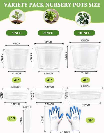 10/8/6 Inch Clear Plant Pots with Drainage Hole 12 Pack, Transparent Sturdy Plastic Nursery Pots with Saucers, Plant Label, Gardening Gloves, Plant Starter Pots for Planting Seed Herb Vegetable Flower