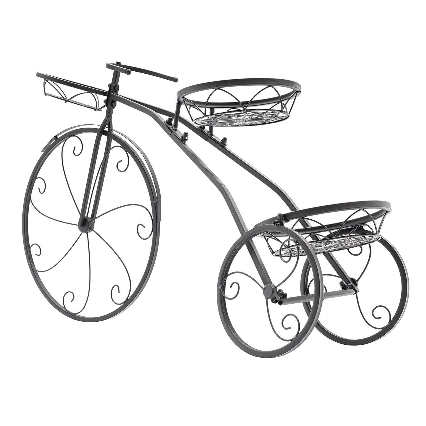 Bicycle Planter Stand, Three-wheeled Plant Stand, Plant Stand, Plant Corner Shelf, Metal Flower Pot Cart Holder with 3 Plant Bucket Outdoor Decorative for Patio, Deck, Garden or Lawn
