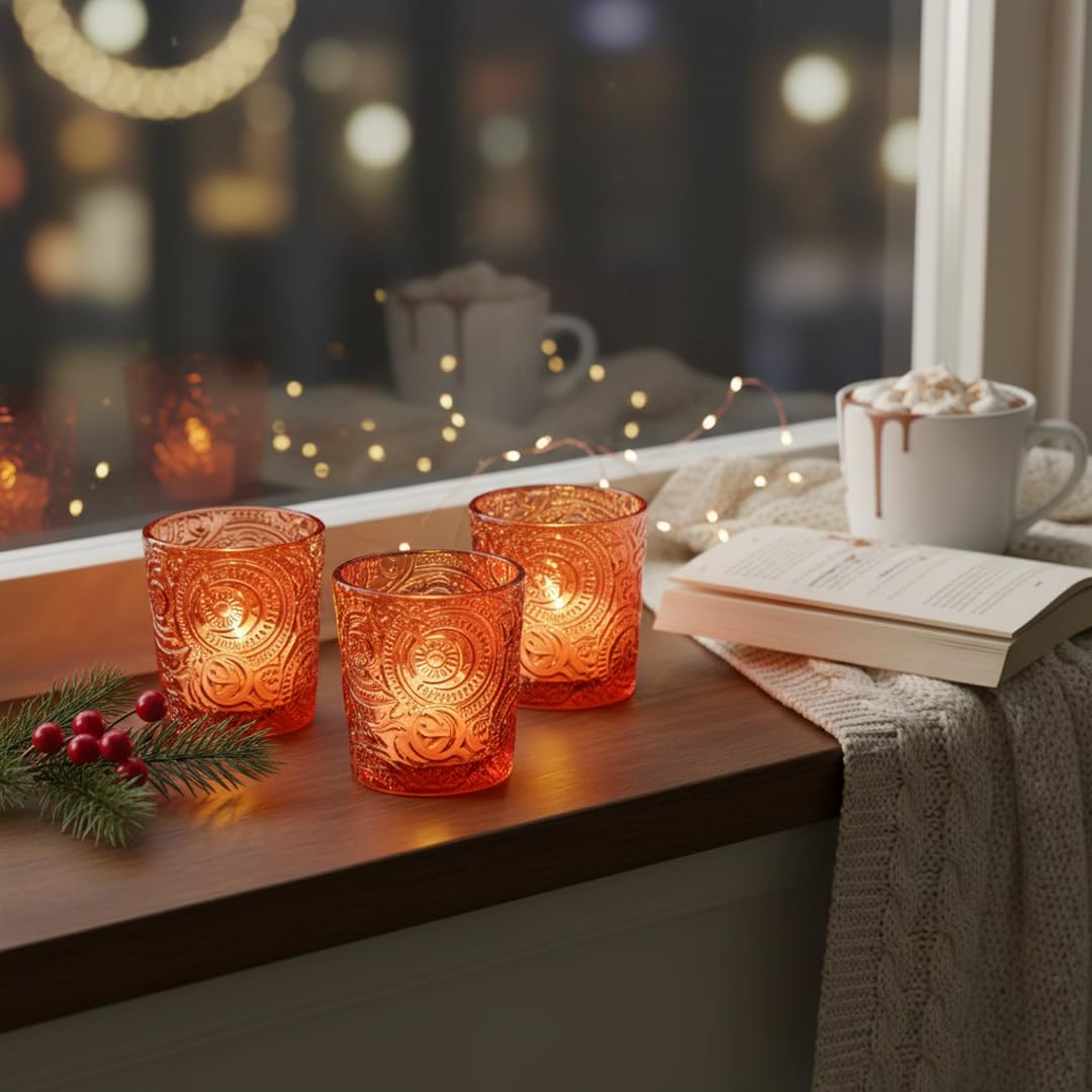 12 Pack Patented Sun Moon Star Embossed Glass Tea Light Candle Holders - Unique Votive Candle Holders for Wedding, Party, and Table Centerpieces (Pumpkin Spice)