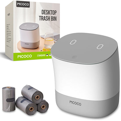 MCOCO Mini Trash Can with Pop Up Lid Portable mini Garbage can Little Plastic Trash Bin for Bedroom Bathroom Desk Coffee Table or Kitchen 0.4 Gallon White with 30 Trash Bags