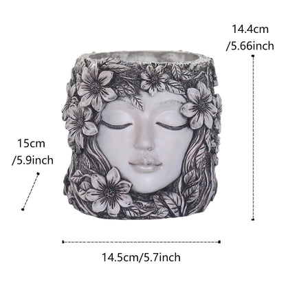 Bohemian Resin Face Planter Pot with Floral Design, Unique Human Head Succulent Pot with Drainage Hole, Weatherproof Lady Face Vase for Indoor Home, Outdoor Garden, Balcony & Desktop Greenery Decor