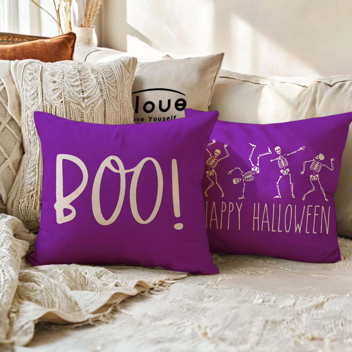 ULOVE LOVE YOURSELF 2pack Halloween Skeleton Decor Pillow Covers 18x18 Inch Happy Halloween Skull/Boo Cushion Covers Farmhouse Funny Skull Decorative Pillowcases for Sofa/Couch/Porch(Purple)