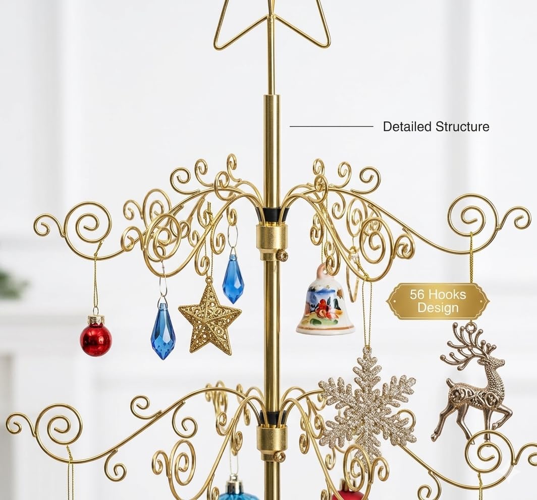 HOHIYA 3 Ft Wrought Iron Ornament Display Stand with 56 Hooks Metal Christmas Tree Alternative for Ornaments Halloween and Year-Round Decor Tabletop Rack Brass Gold