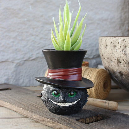 Unique Black Cat Head Little Planter Pot, Cute Succulent Indoor Flower Pot, Funny Novelty Resin Plant Flowerpot with Drain Hole, Cat Pen Brushes Holder, Lovely Desk Room Home Decor