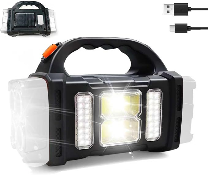 Solar Handheld Flashlight, 4 Lighting Modes Rechargeable LED Work Light, USB-C & Solar Powered Portable Lantern,Emergency Camping Light for Outdoor, Hiking, Power Outage (Silver-1pcs)
