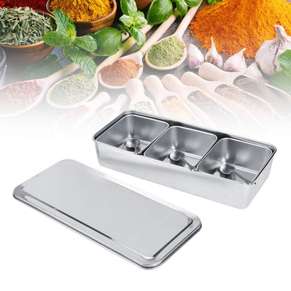 OUKENS Seasoning Container, 3‑Grid Stainless Steel Seasoning Rack Spice Pots Storage Container Condiment Jars Cruet with Cover and Spoon for Spice Salt Sugar