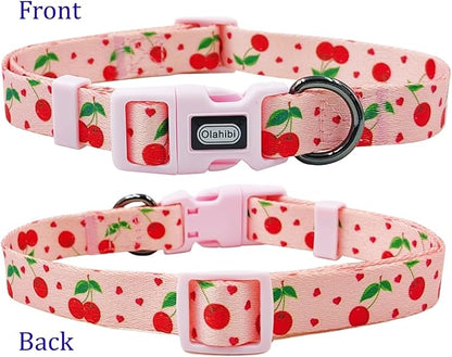 Dog Collar Leash Set, Fruit Pattern, Polyester Material, Adjustable Collar and 5ft Matching Leash, for Small Dogs.(S, Pink Cherry)