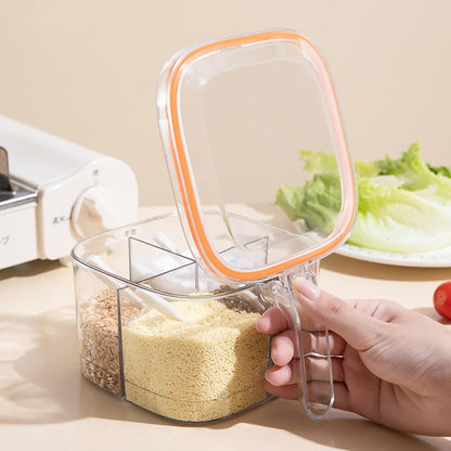 luzen 1PC Clear Plastic 4 Compartments Seasoning Box with Spoon and Lid Home Kitchen Condiment Jar Spice Container Spice Salt Canister Kitchen Gadgets for Kitchen Cooking Supplies, Orange