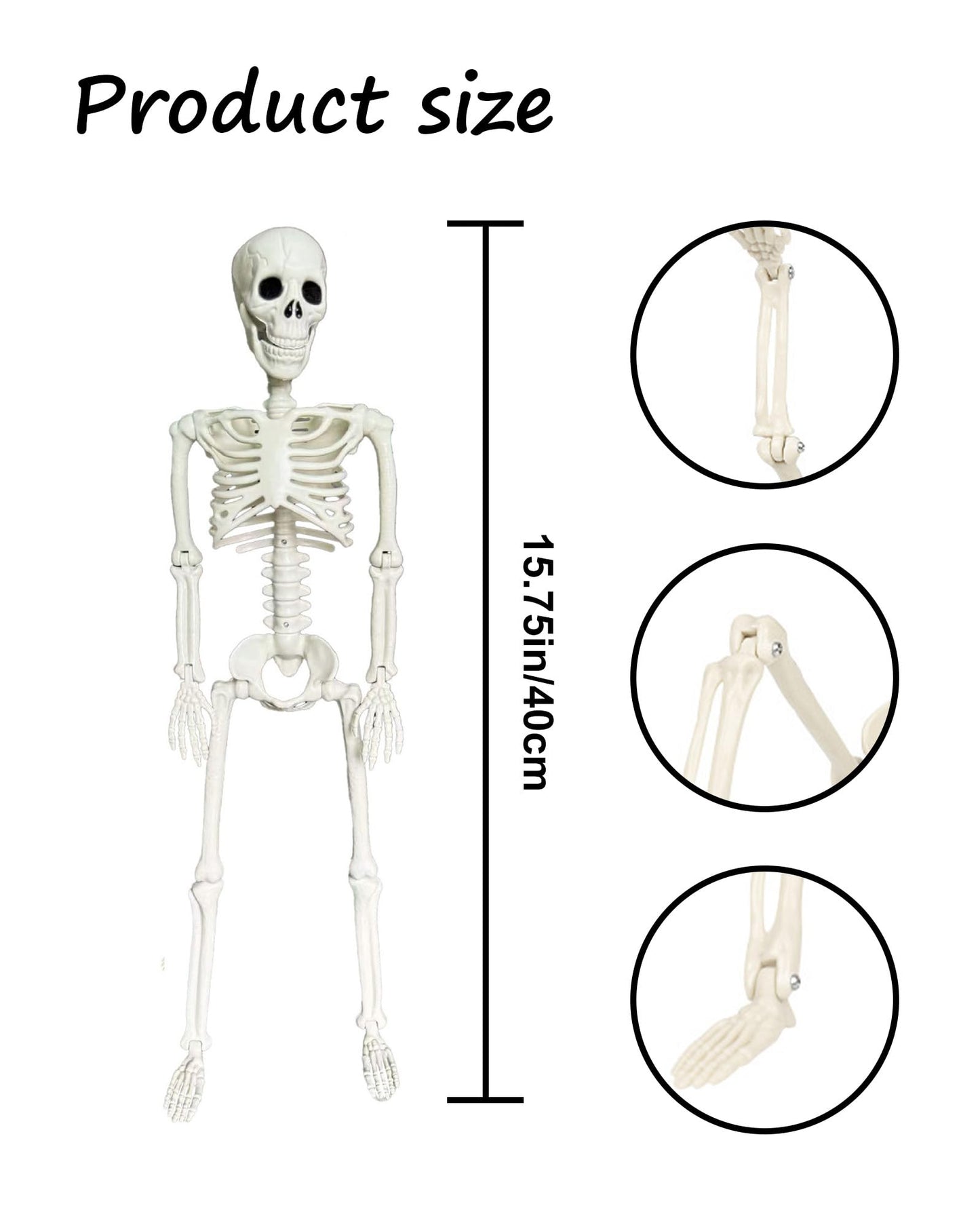16" Poseable Halloween Skeleton Decor Realistic Bone Textured Plastic with Skull Hook, Hanging Decor for Spooky House & Graveyard Scenes